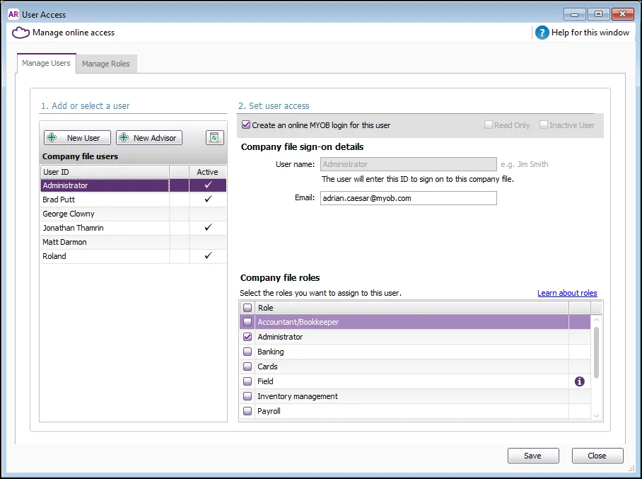Example user access window with users and roles shown