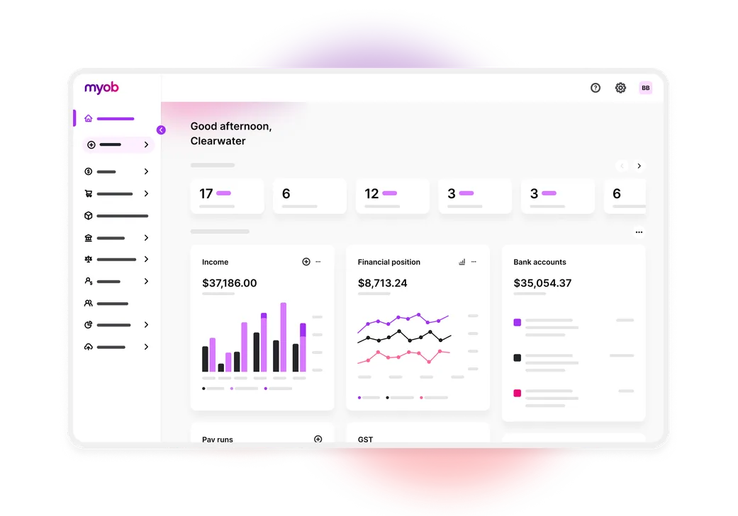A simplifed view of the MYOB Business dashboard. In this simple illustration, you can see three of the widgets available: the income report, the financial position report and the bank accounts snapshot.