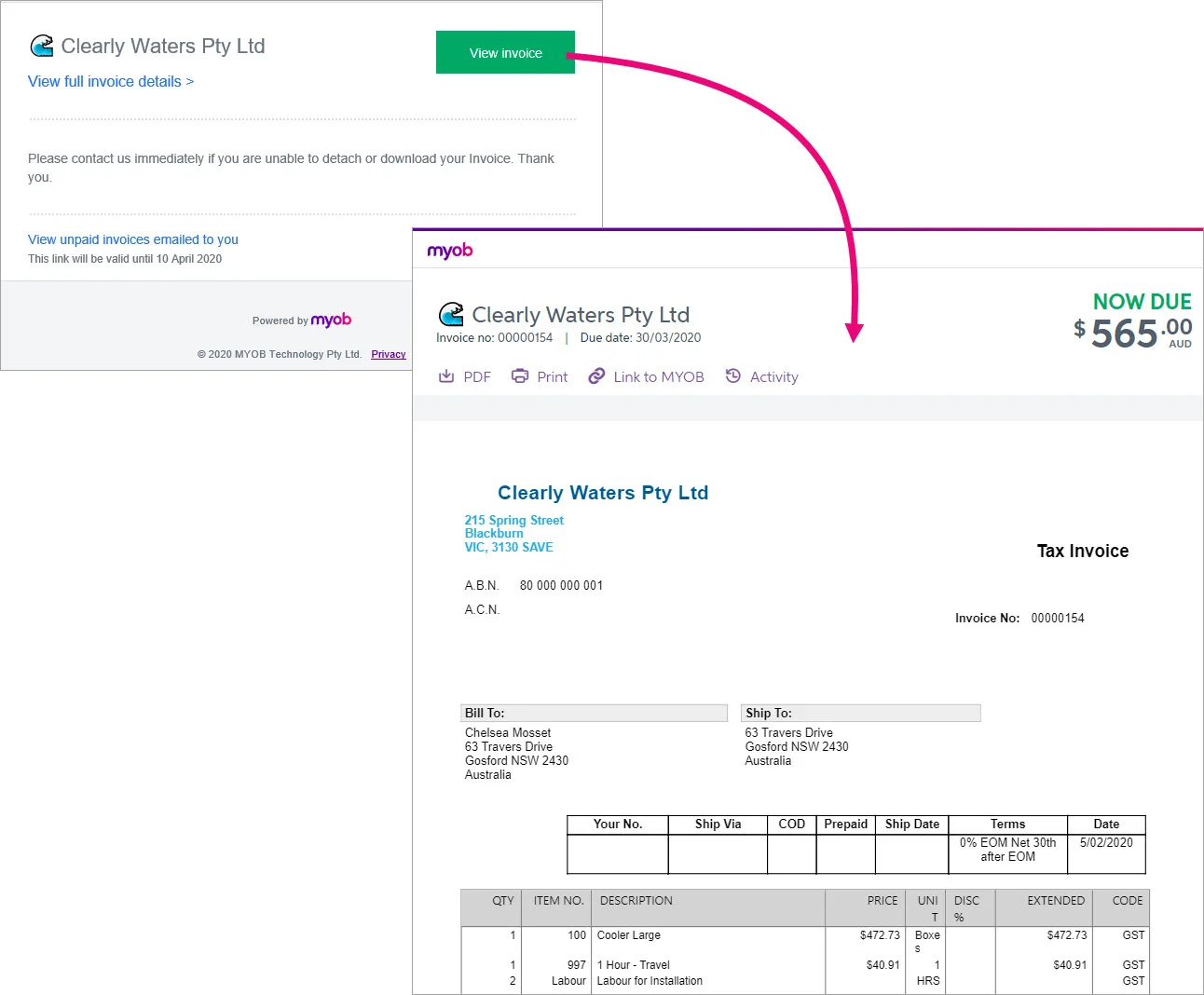 View invoice button with an arrow leading to an example online invoice