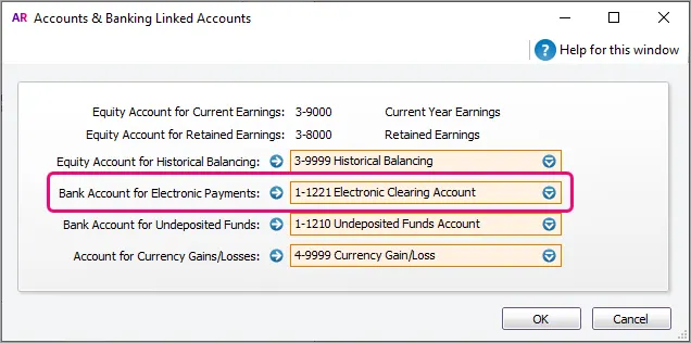 Linked accounts window with bank account for electronic payments highlighted