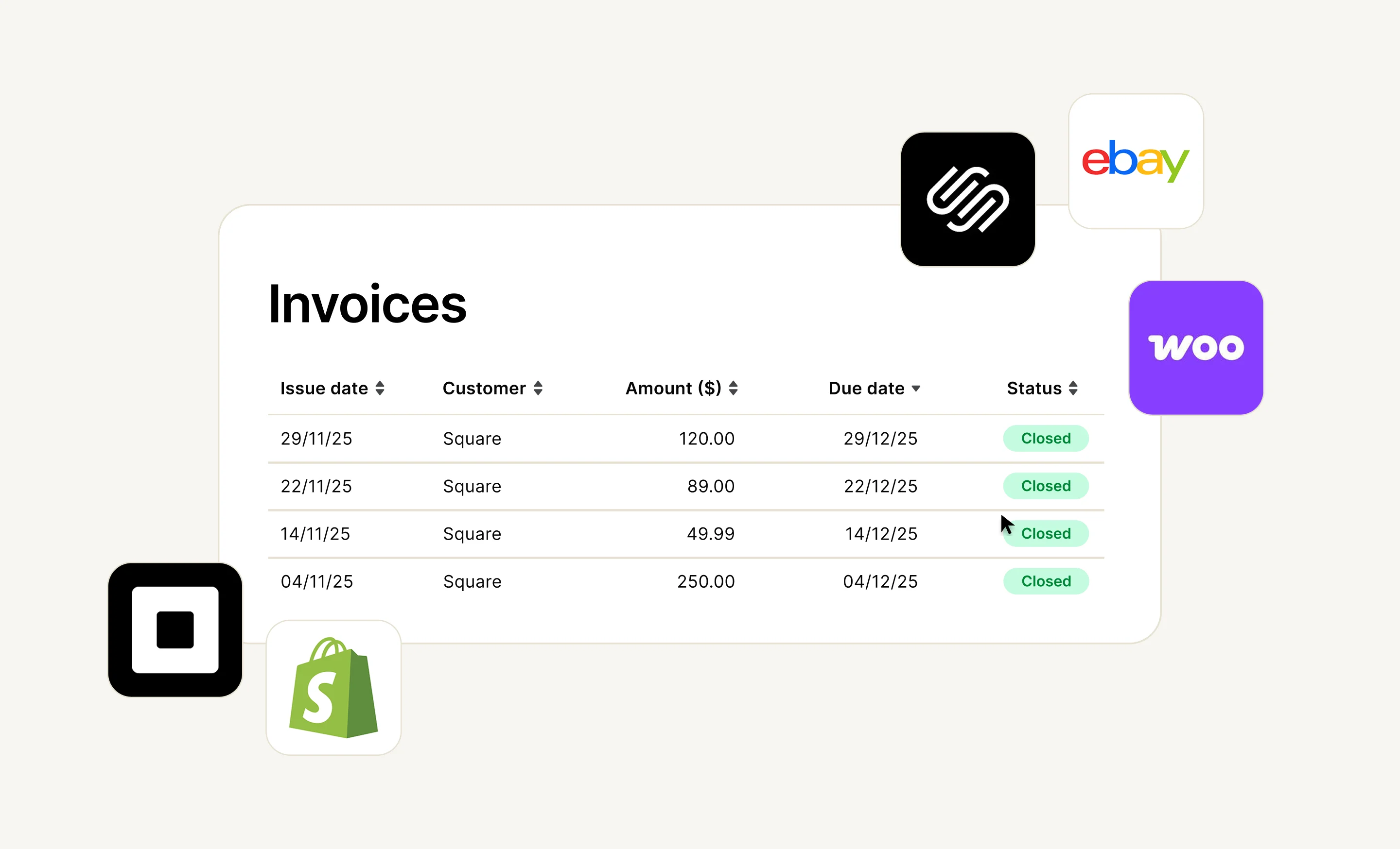 Square invoice sales data synced with MYOB Business inventory, including issue date, customer, amount, due date, and status. MYOB also integrates with inventory apps like Squarespace, Woocommerce, Shopify and Ebay. 
