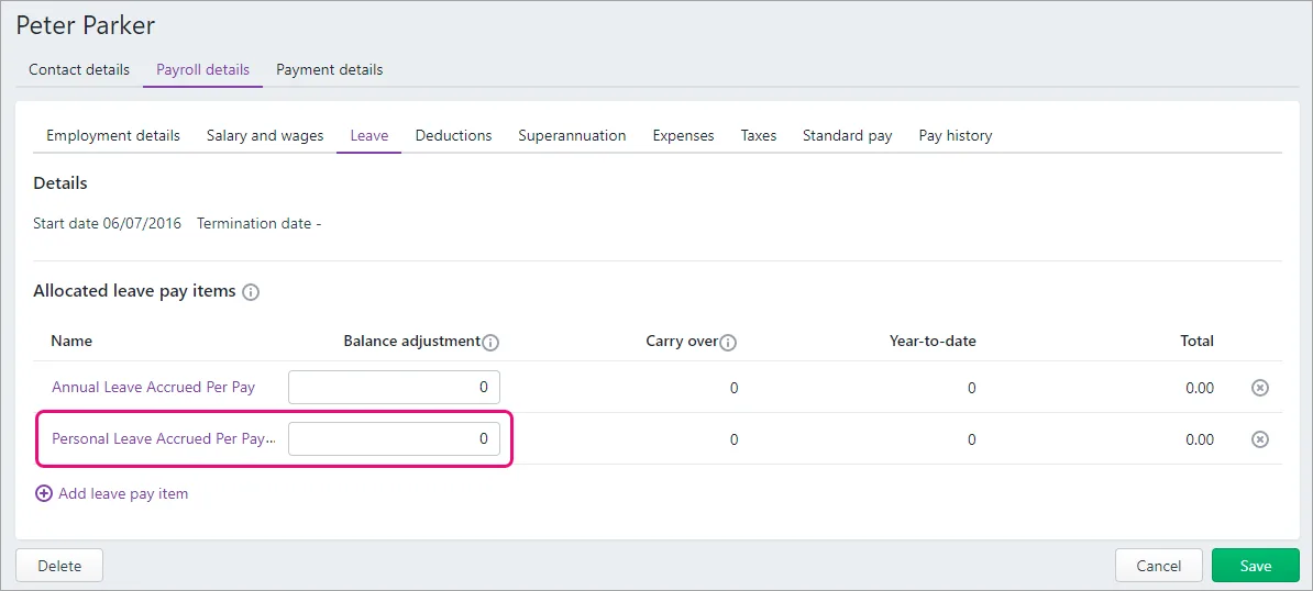 Example employee record with balance adjustment field highlighted