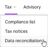 Tax menu expanded with cursor hovering over the Data reconciliation option