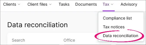Tax menu option expanded and Data reconciliation menu option highlighted