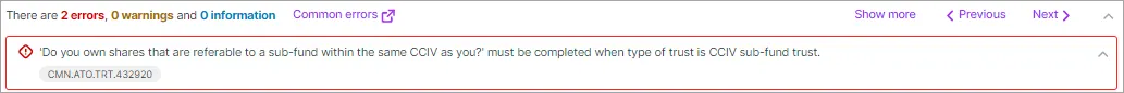 Example of an error at the top of MYOB Practice tax returns