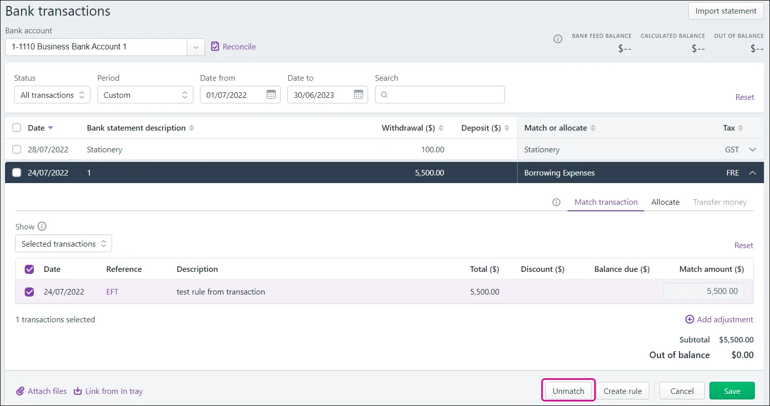 Unmatch a transaction