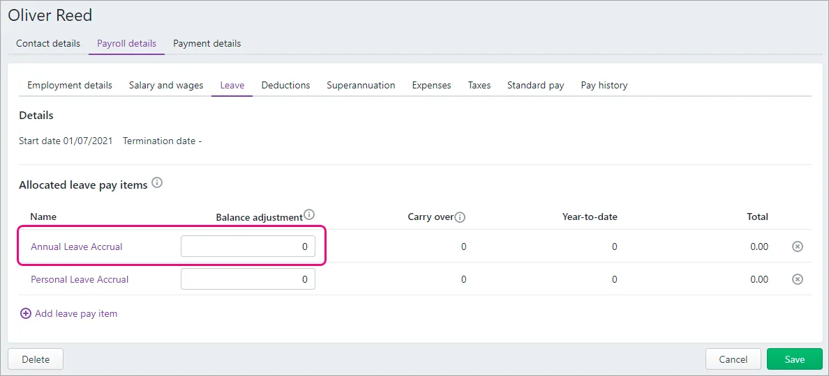 Example employee record with annual leave balance adjustment field highlighted