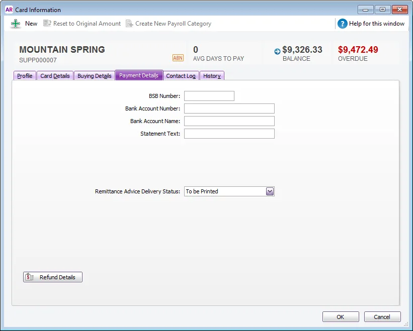 Supplier banking details