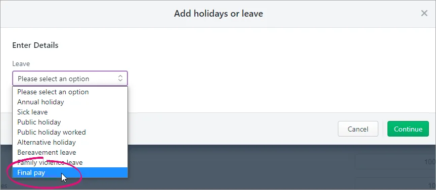 Add holidays or leave with final pay option highlighted