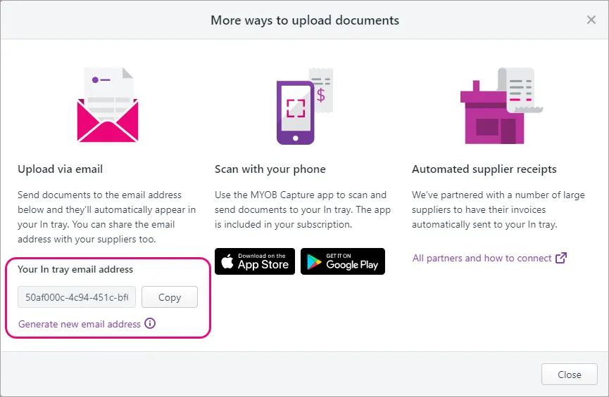 Emailing documents to your In tray