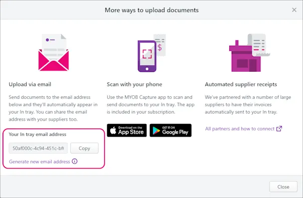 Emailing documents to your In tray