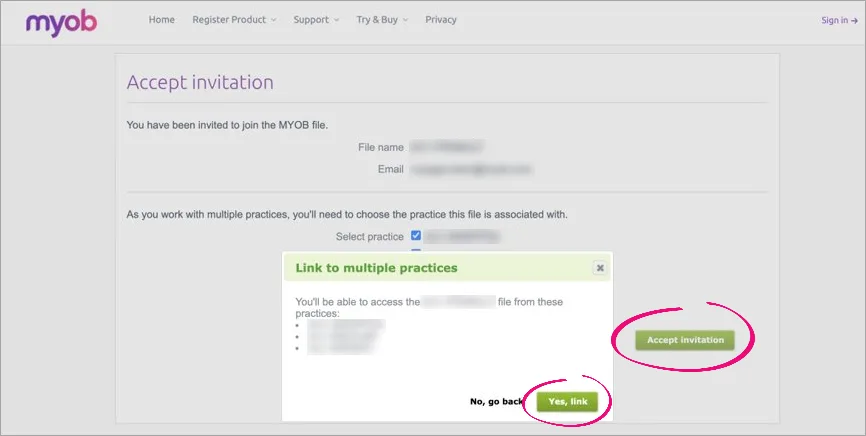 Accept invitation page with the Accept invitation button highlighted, and Link to multiple practice dialogue with the Yes, link button highlighted.