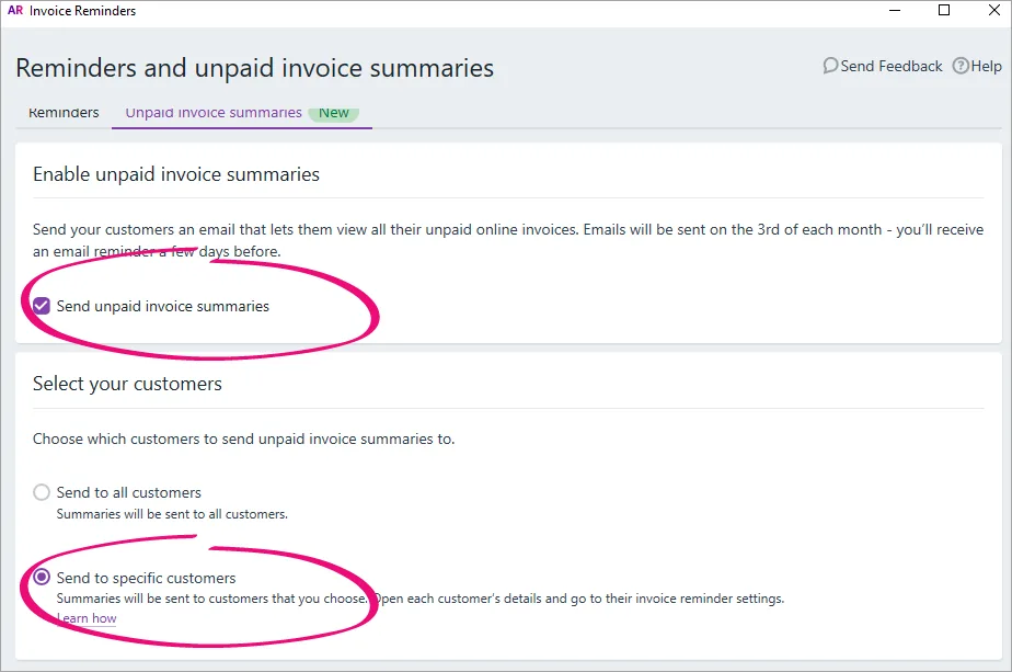 AccountRight unpaid invoices reminders option selected customers