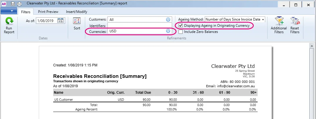 report filters highlighted