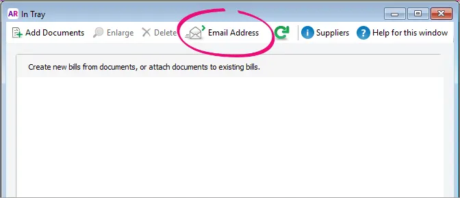 AccountRight In Tray window with email address button highlighted