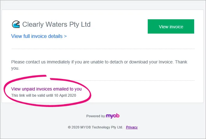 Example online invoice with view unpaid invoices emailed to you link highlighted