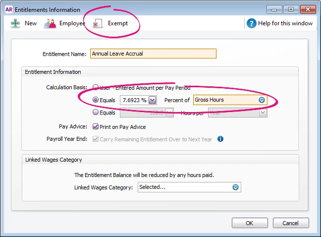 Example entitlement category with calculation basis and exempt button highlighted