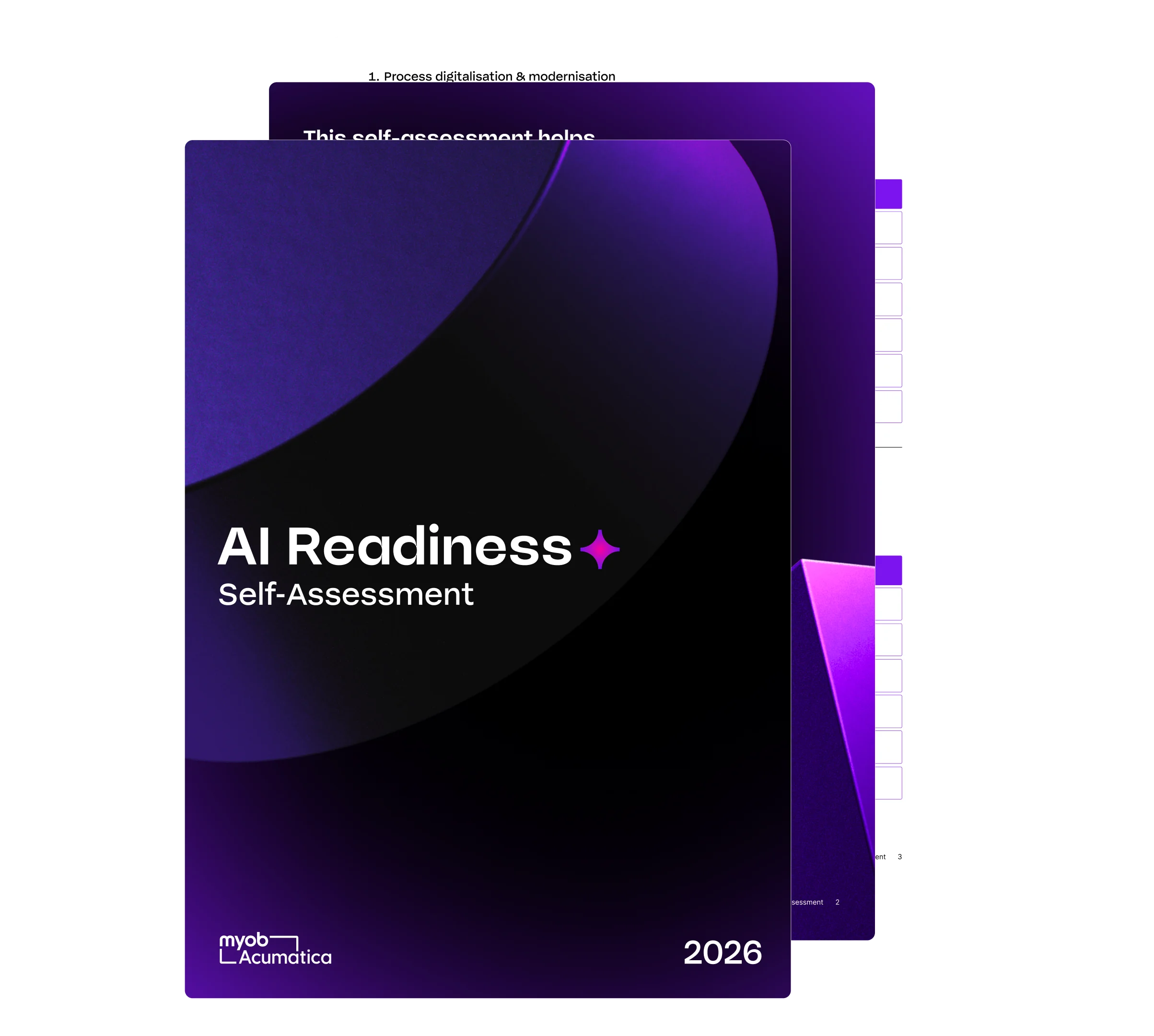 Purple and black digital document cover titled "AI Readiness Self-Assessment" with MYOB Acumatica logo and year 2026.