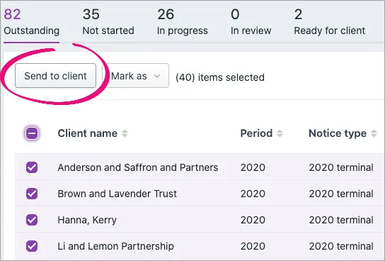 Send to client button highlighted above the list of tax notices