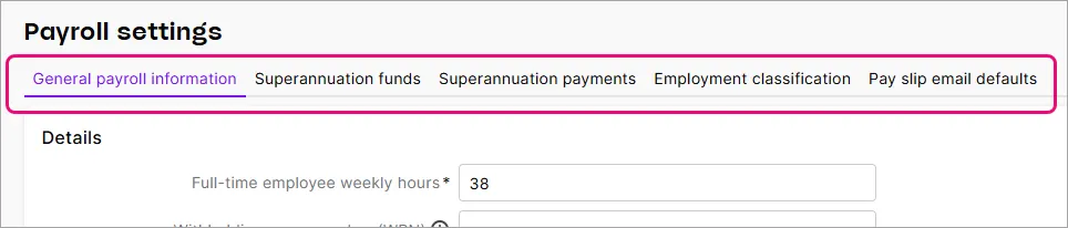 Payroll settings page with tabs highlighted