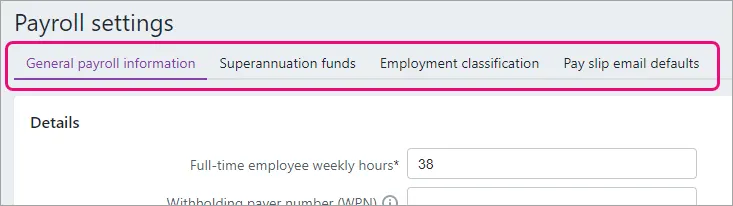 Payroll settings page with tabs highlighted