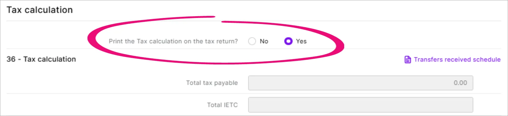 Print the Tax calculation on the tax return No Yes toggle in the Tax calculation section