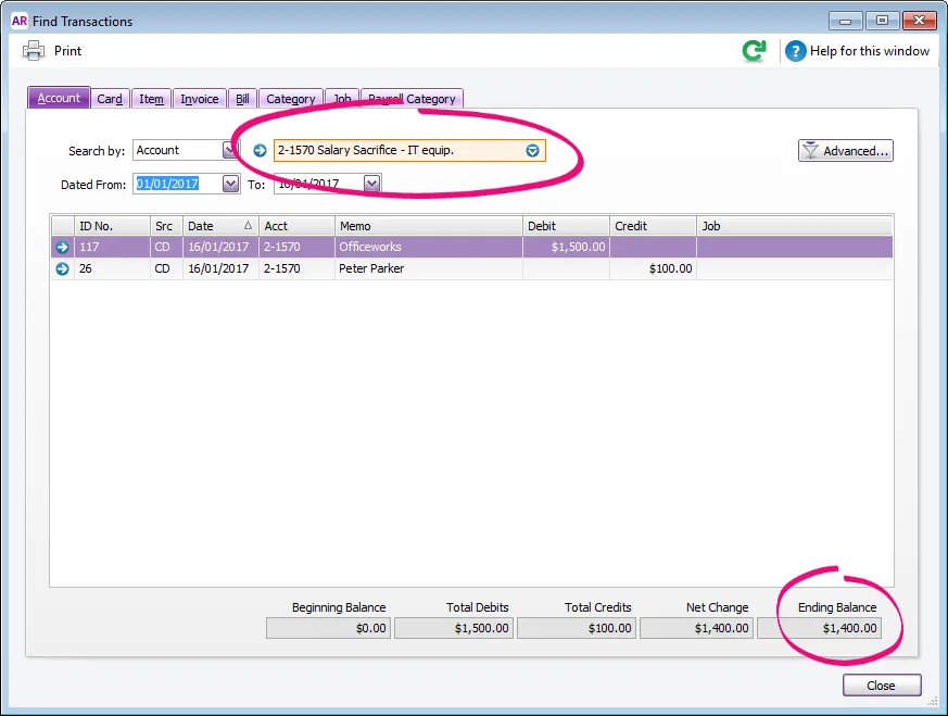 Example find transaction window with a salary sacrifice liability account highlighted