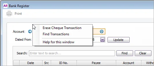 Right-click bank register