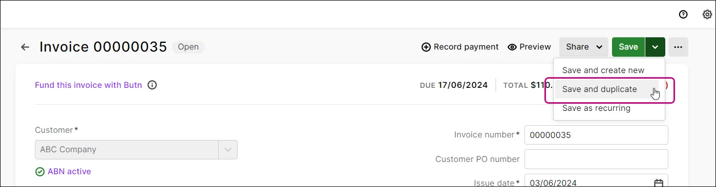 Save and duplicate option shown in an invoice