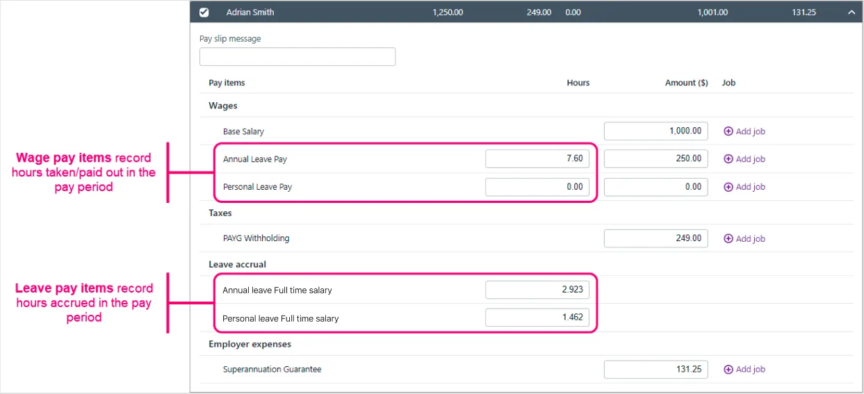 Example pay with leave pay items highlighted