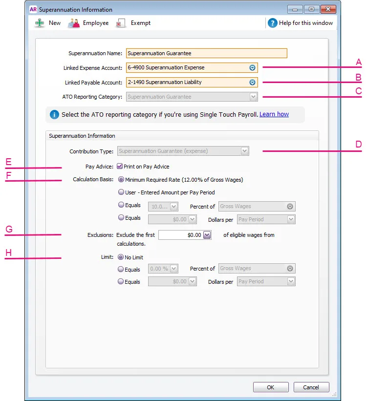 Example super guarantee payroll category with the components identified with the letters A - H
