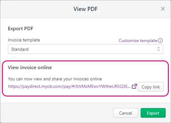View PDF screen with online invoice link highlighted