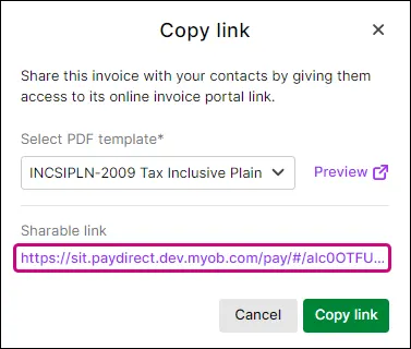 Copy link screen with online invoice link highlighted