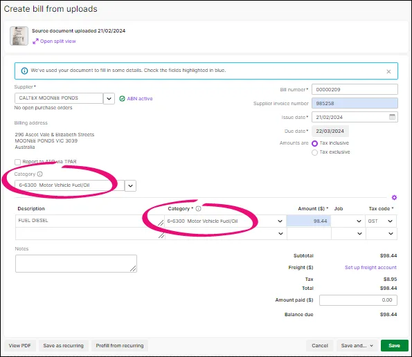 Bill created from uploaded Caltex document with category highlighted
