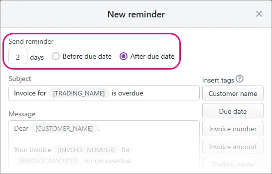 New reminder with send options highlighted