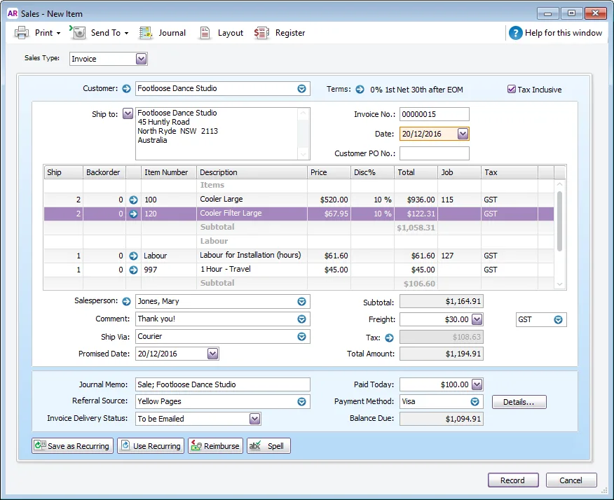 Example sale with subtotals