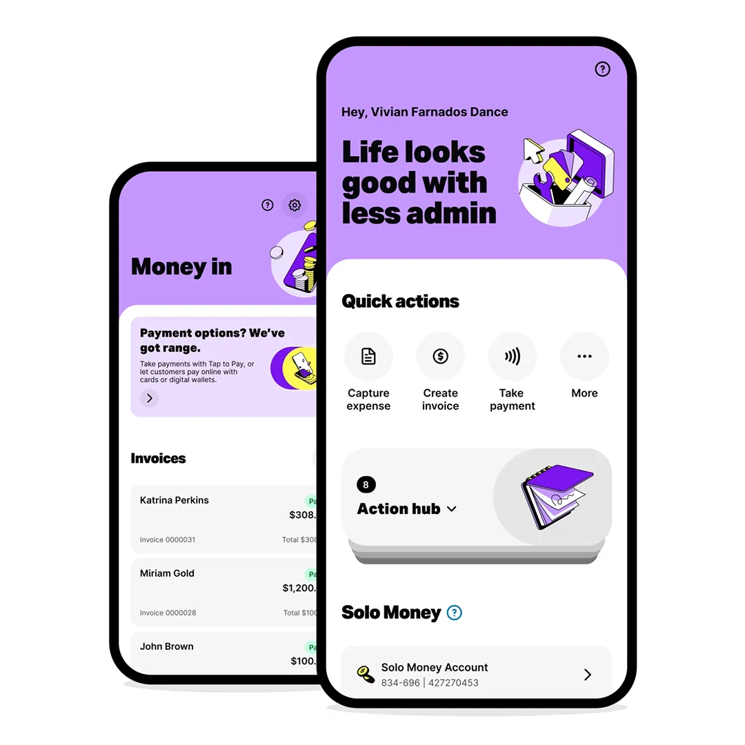 Two smartphones displaying a purple and white finance app with invoices, quick actions, and a Solo Money account dashboard.