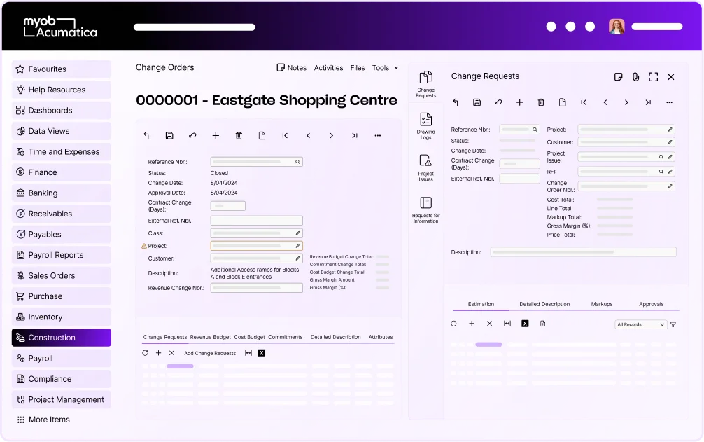 MYOB Acumatica interface showing Change Orders screen for Eastgate Shopping Centre project with form fields and navigation menu.