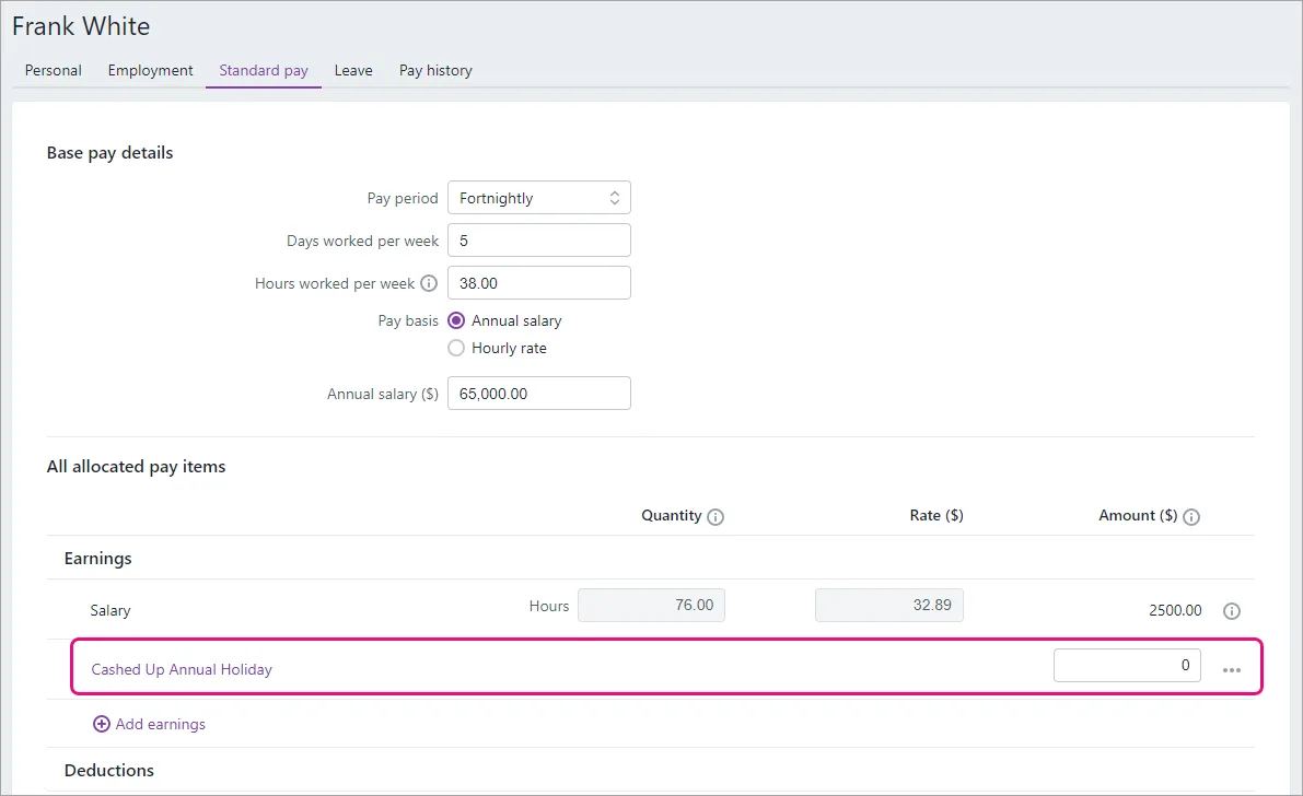Example employee with cashed up annual holiday earning added to their standard pay