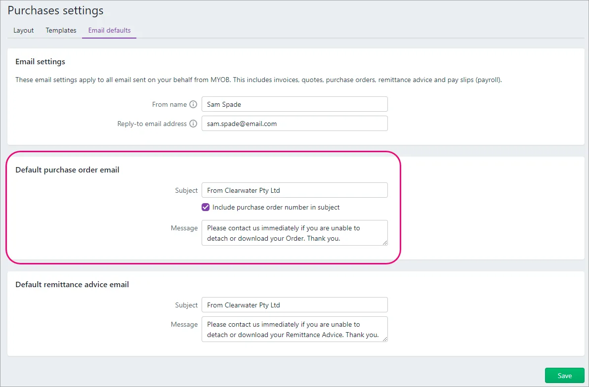 Default purchase order email defaults on purchases settings page