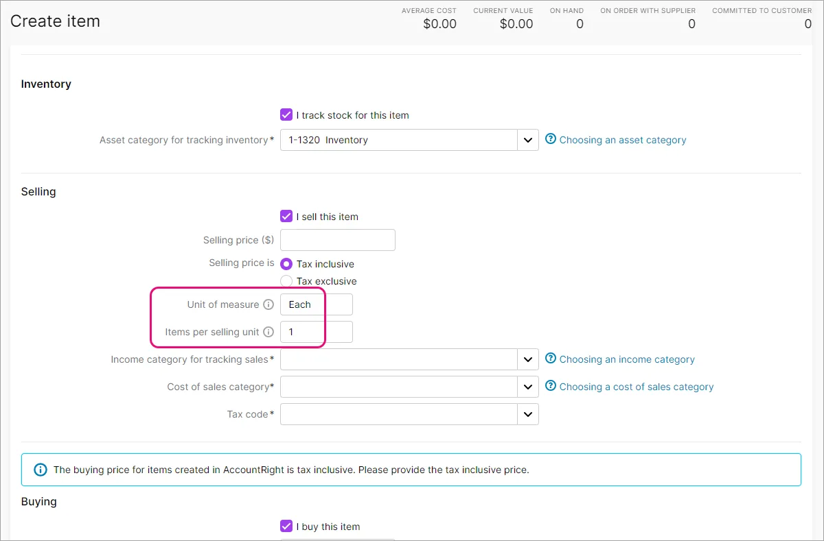 Example sales unit of measure fields highlighted