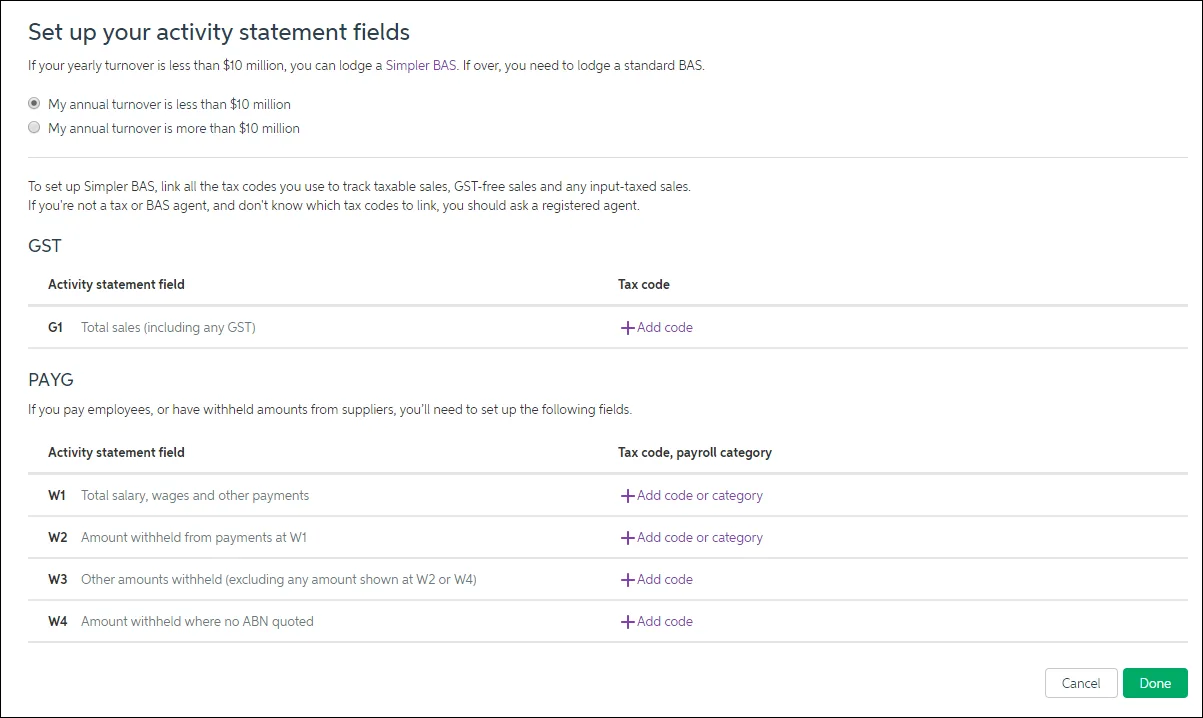 Set up activity statement fields