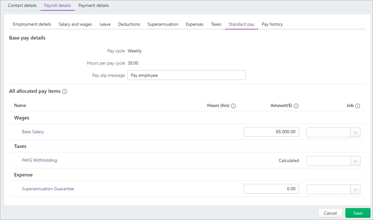 Example standard pay tab