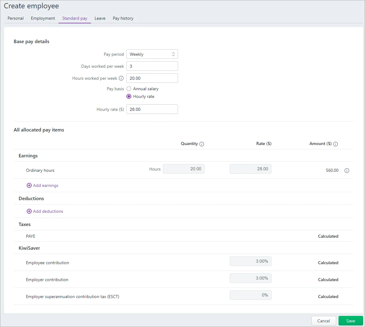 Example standard pay setup for a casual employee