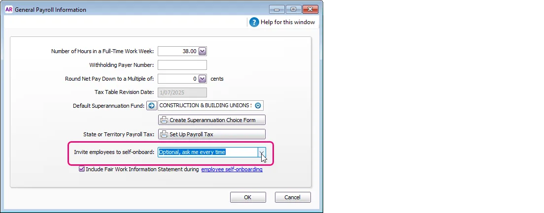 General payroll information window with self-onboarding preference highlighted