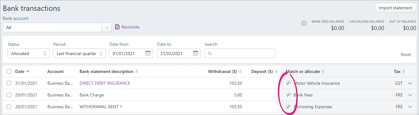 Bank transactions page with wand icons highlighted