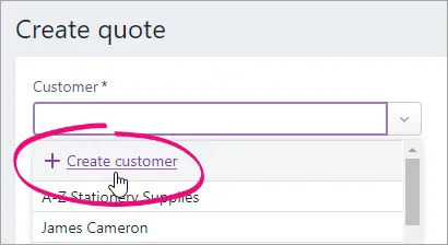 Customer dropdown button clicked and create customer link highlighted
