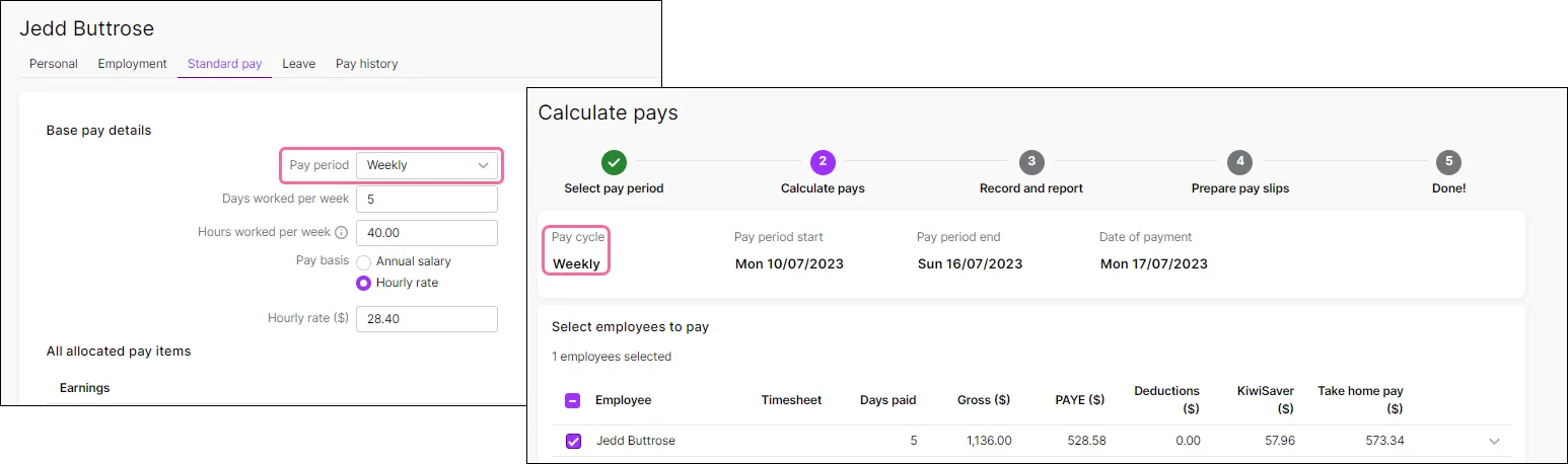 Employee Pay period must match Pay cycle pay run for the employee to appear