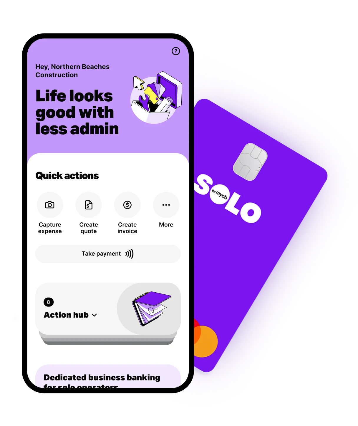 Solo app screen showing quick actions like capture expense, create invoice, and take payment, plus Solo Money account details. The purple Solo Business Debit Card is in the background.
