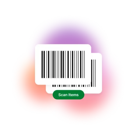 A render of two barcodes, with the words 'scan items' superimposed over the top.